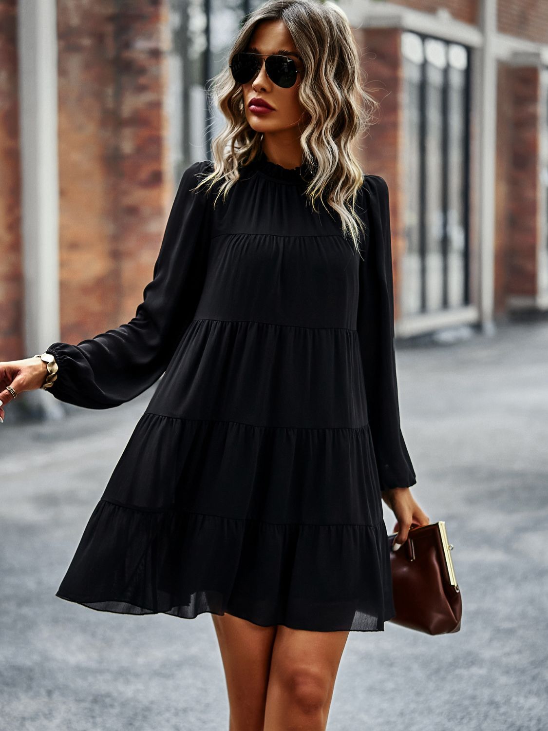 Frill Neck Puff Sleeve Tiered Dress In Black