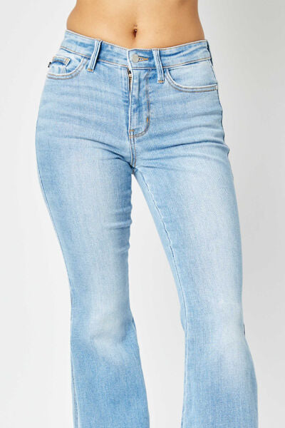 Close-Up, Judy Blue, Mid Rise Raw Hem Slit Flare Jeans Style 82601
