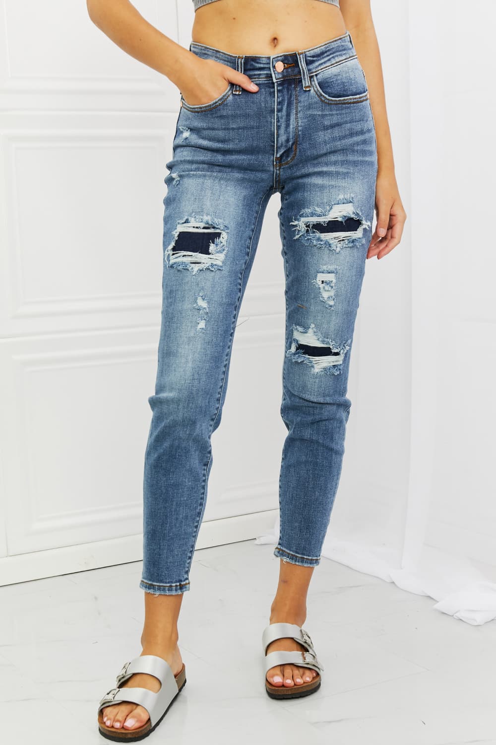 Judy Blue, Mid Rise Navy Blue Patched Destroy Relaxed Jeans
