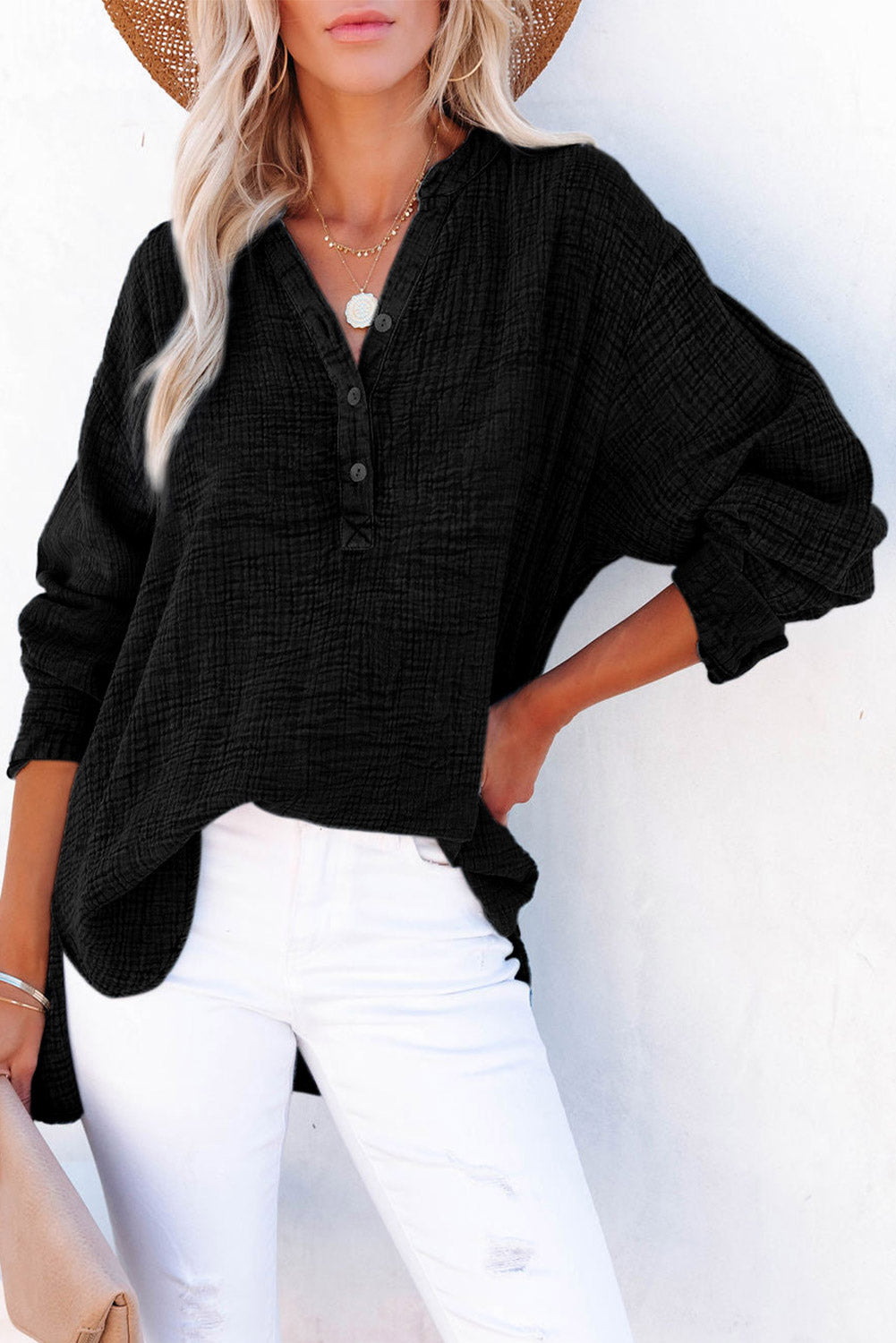 Buttoned Long Sleeve Blouse In Black
