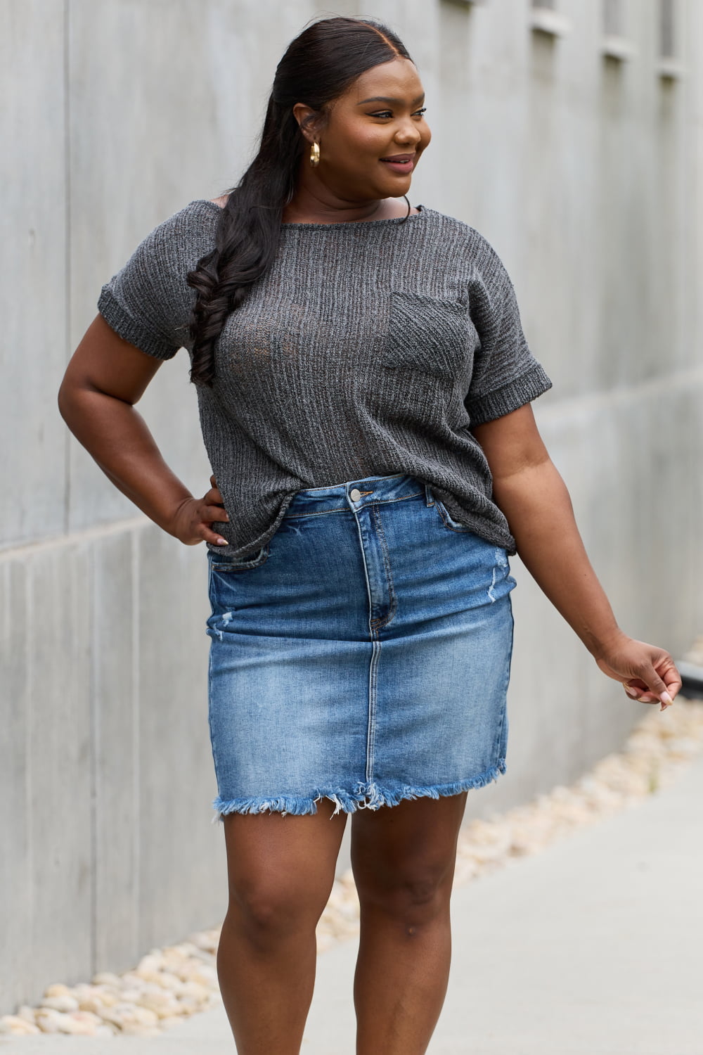 Plus Size, e.Luna, Full Size Chunky Knit Short Sleeve Top in Gray