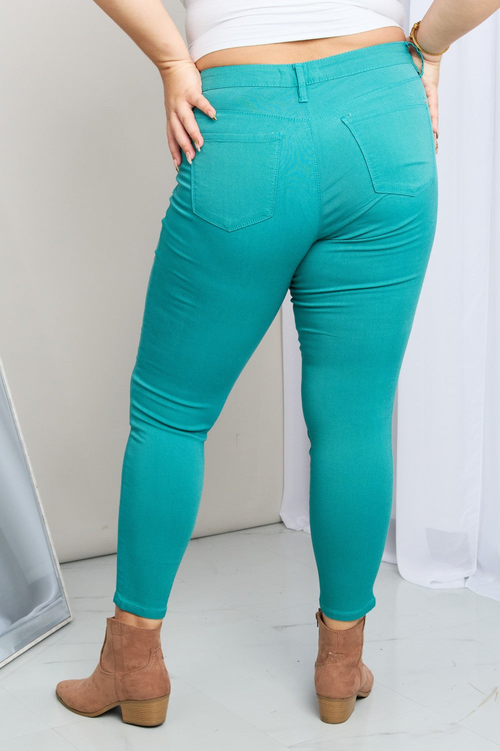 Back View, Plus Size, YMI Jeanswear, Kate Hyper-Stretch Full Size Mid-Rise Skinny Jeans in Sea Green