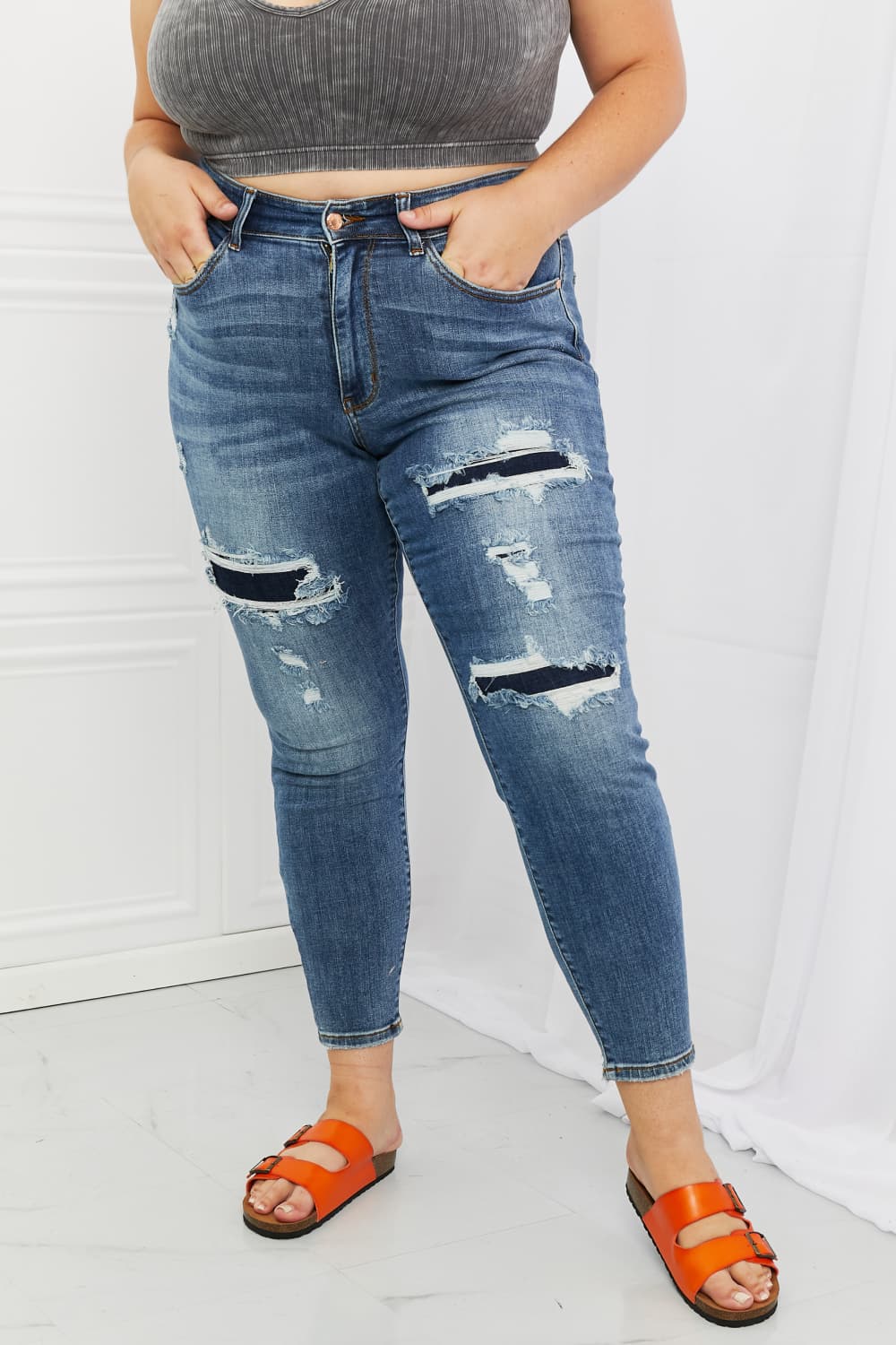 Plus Size, Judy Blue, Mid Rise Navy Blue Patched Destroy Relaxed Jeans