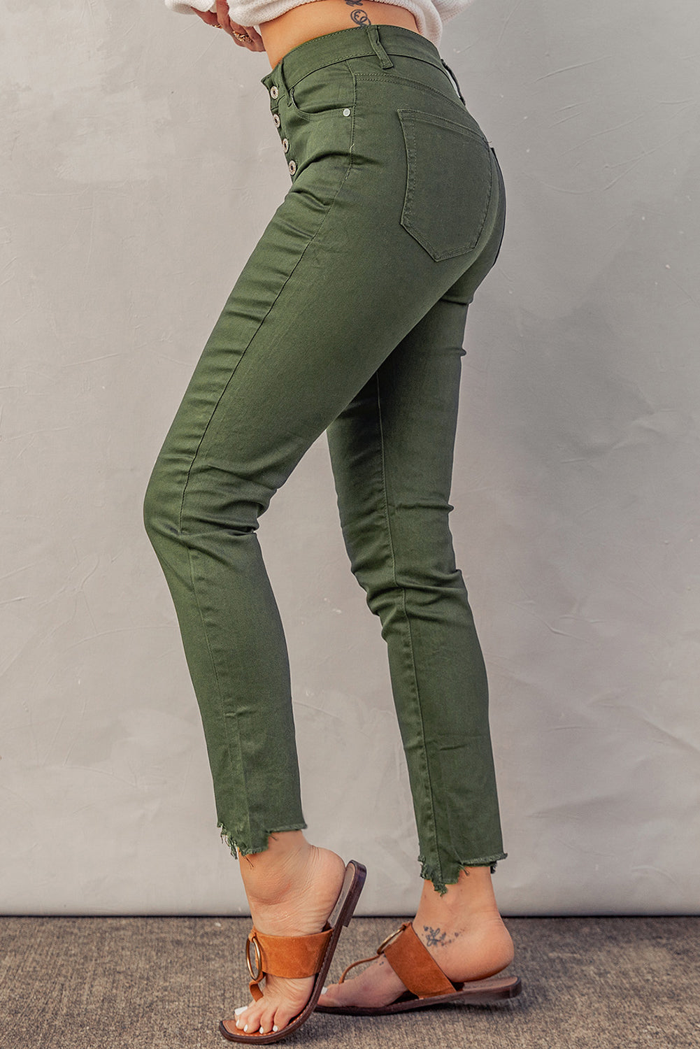 Side VIew, Baeful, Button Fly Hem Detail Skinny Jeans In Moss