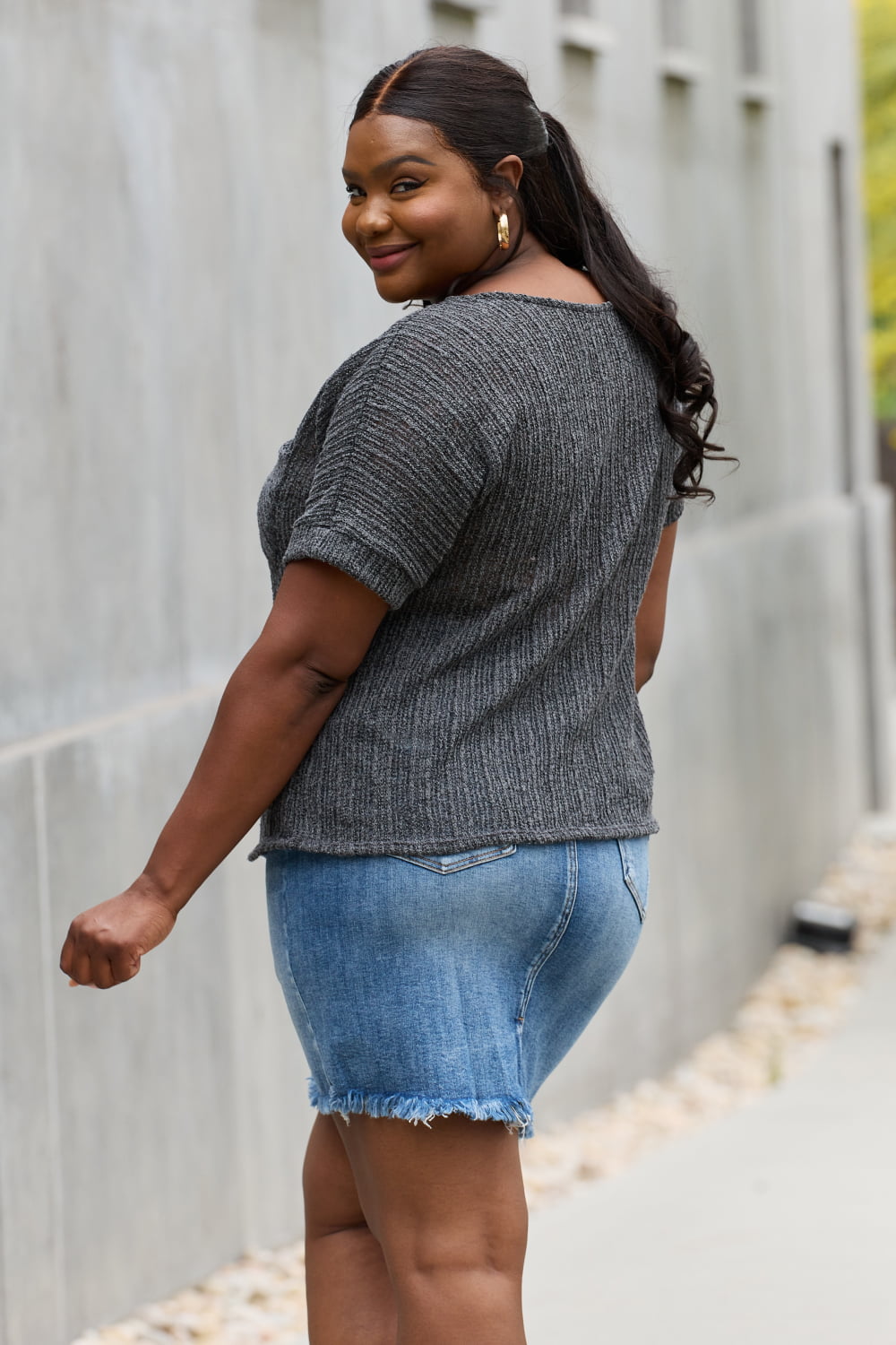 Back View, Plus Size, e.Luna, Full Size Chunky Knit Short Sleeve Top in Gray